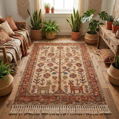 Rustic Persian style wool rug with floral border and artisan handmade details for living room decor __etsy:7950305908