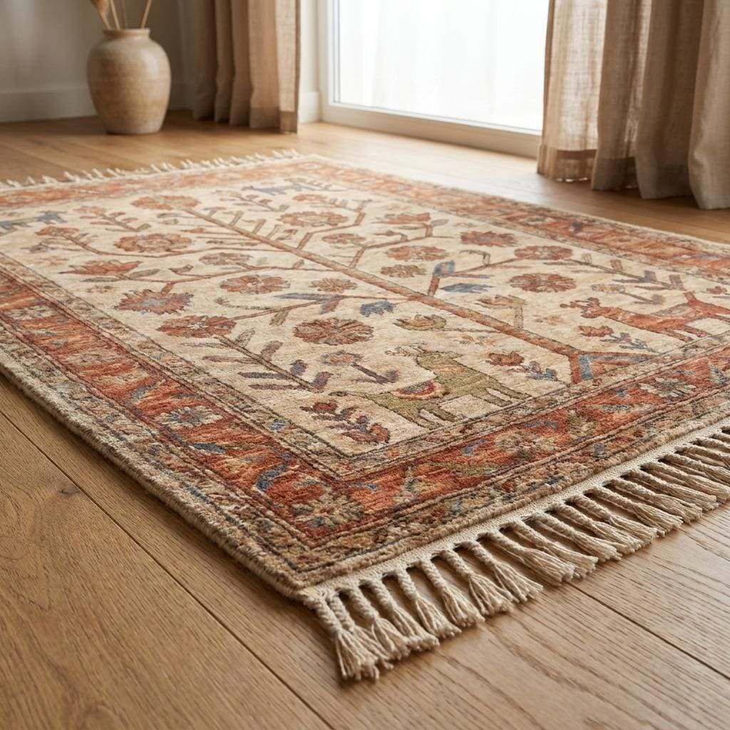 Ivory hand knotted wool carpet with terracotta accents styled beside sofa and wooden flooring __etsy:7950305900