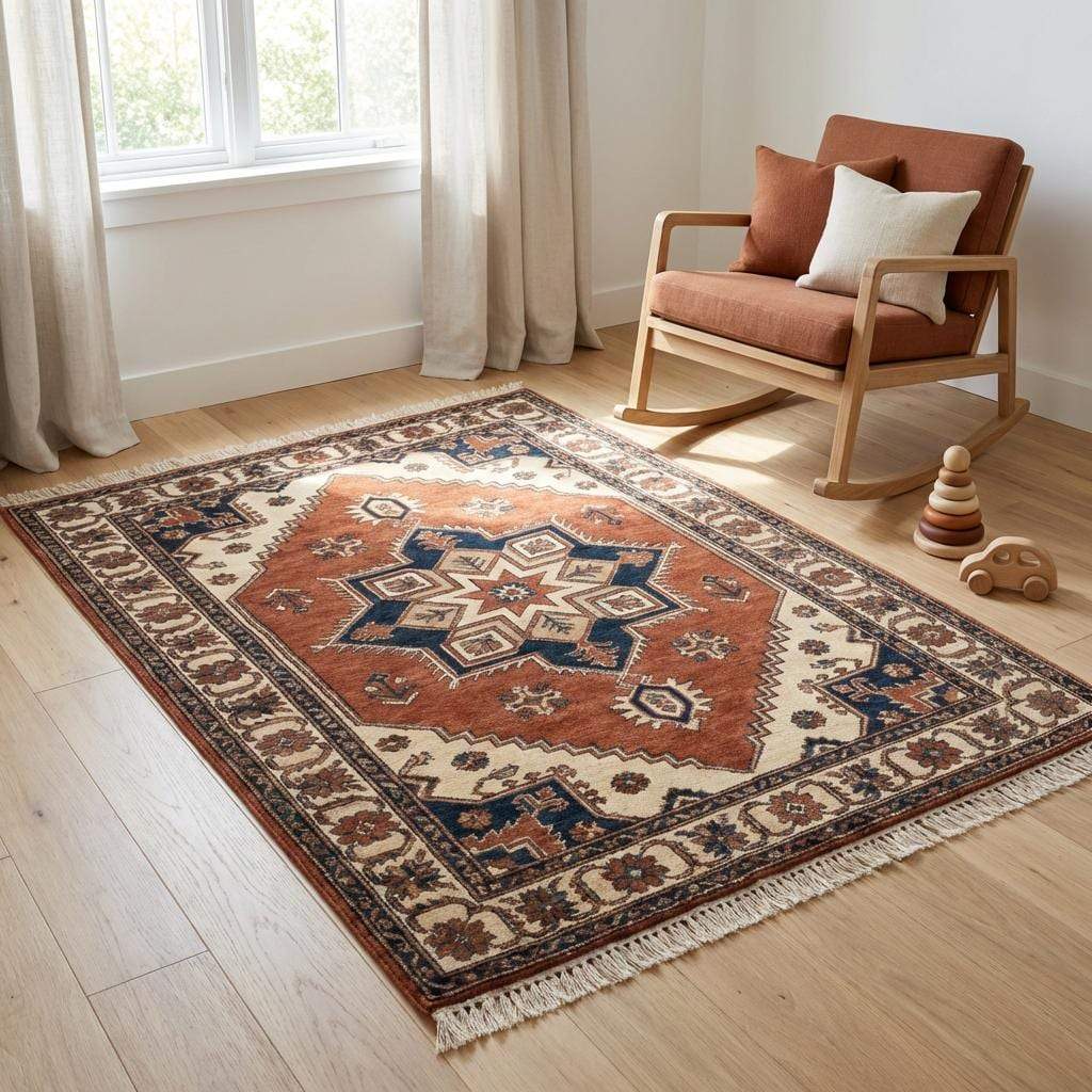 Rectangular hand knotted wool rug showcasing durable low pile and traditional design
