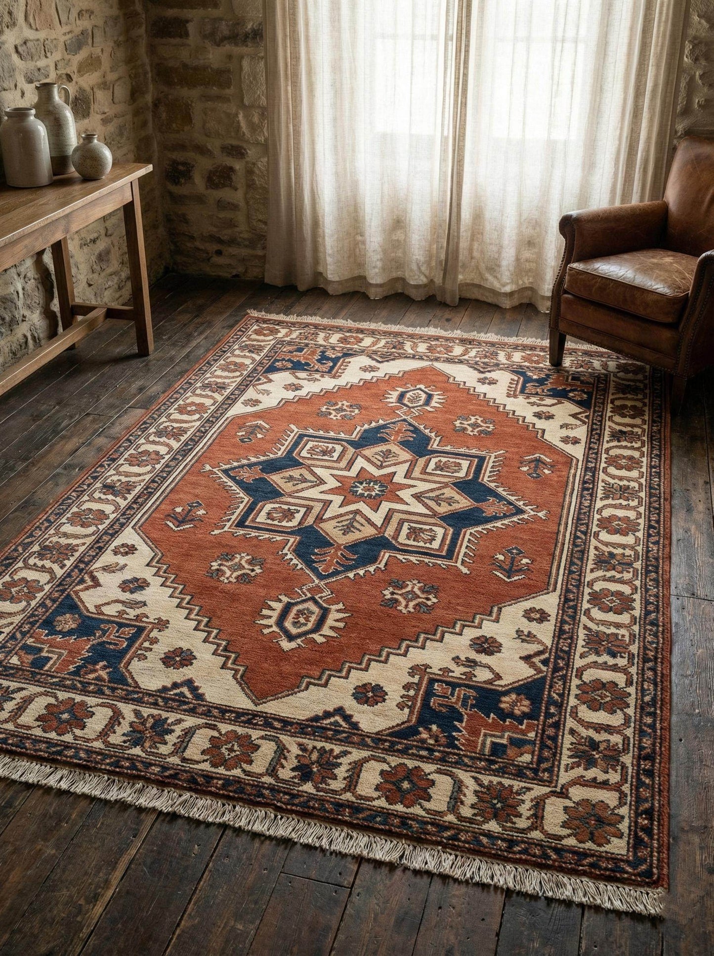 Hand knotted tribal wool area rug with geometric medallion design in earthy tones
