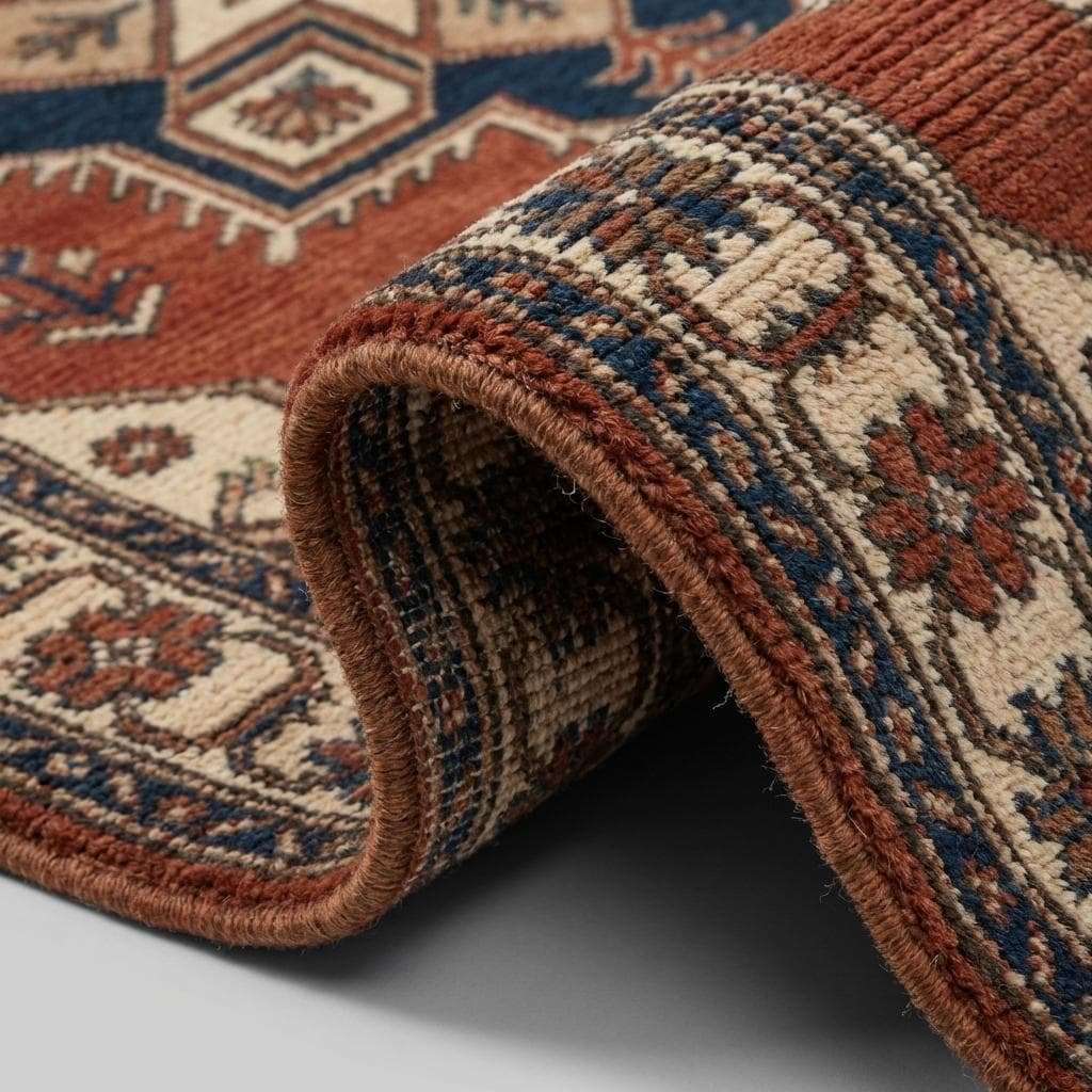 Close up of hand knotted wool pile showing dense knots, natural fiber texture, and artisanal craftsmanship