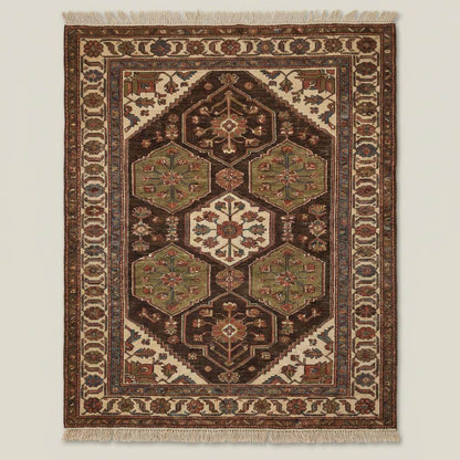 Traditional hand knotted wool rug styled in living room with hardwood floors and classic furniture