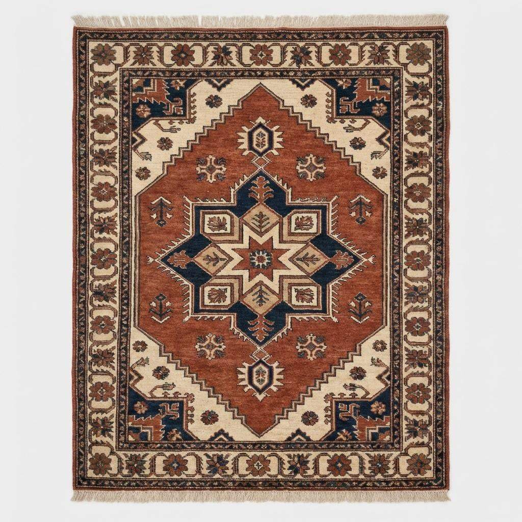 Traditional hand knotted geometric rug styled in rustic living room with warm wood flooring