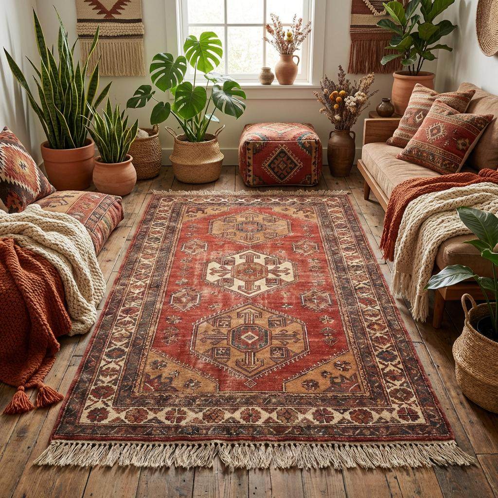 Red and beige hand knotted area rug styled in living room with wooden floor and vintage furniture