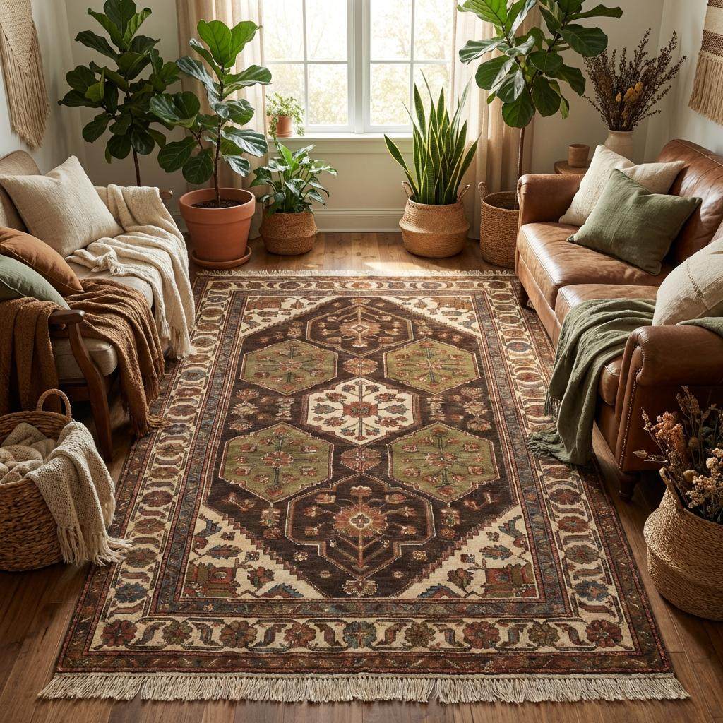 Geometric medallion design hand knotted rug with tribal motifs and detailed wool craftsmanship