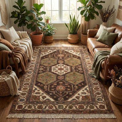 Geometric medallion design hand knotted rug with tribal motifs and detailed wool craftsmanship