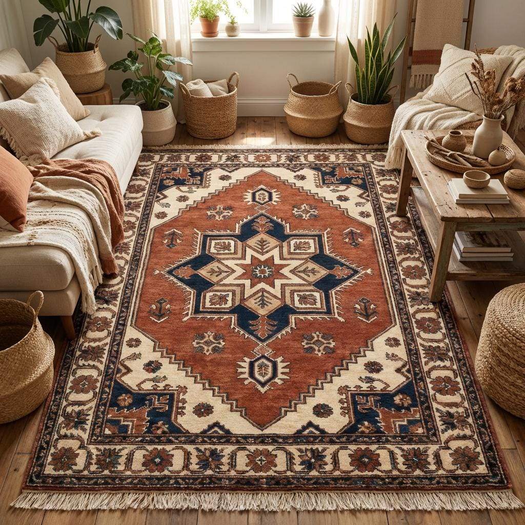 Wool hand knotted area rug featuring central medallion and tribal border patterns