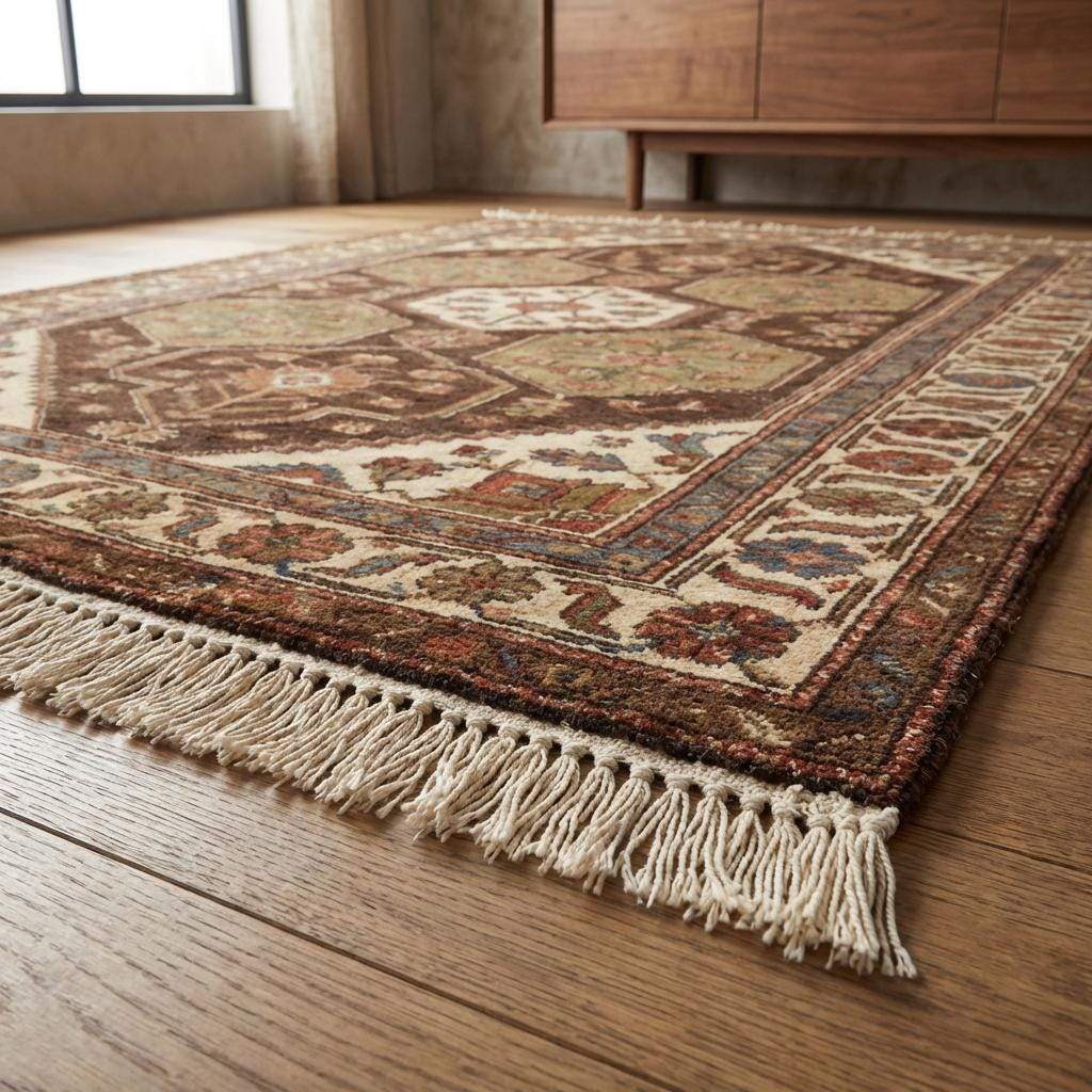 Artisan made wool area rug featuring rich earth tones and symmetrical tribal border patterns