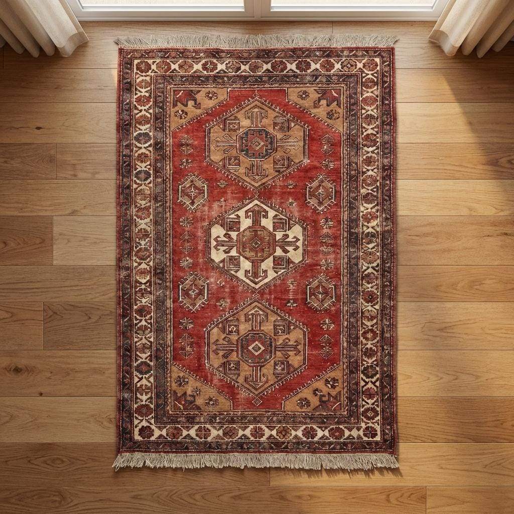 Authentic hand knotted tribal rug with wool pile and cotton foundation fringe detail