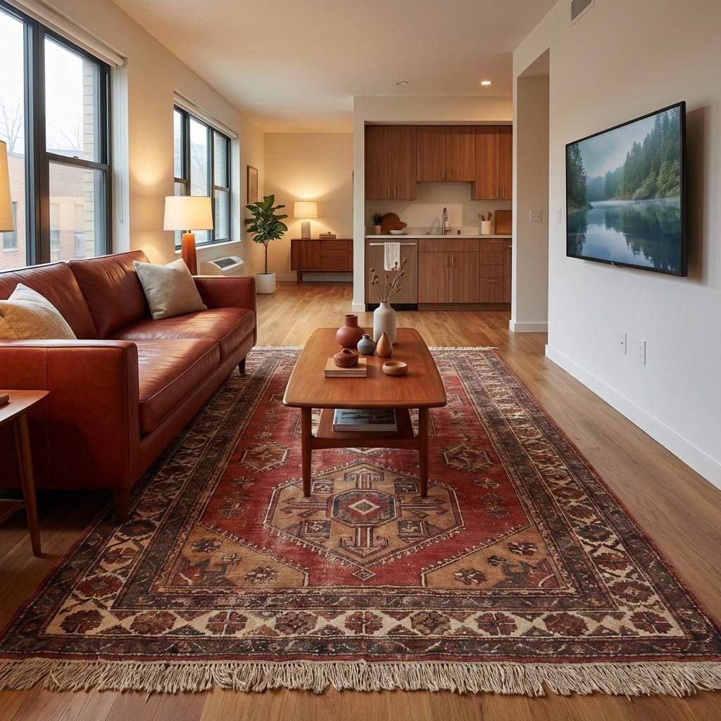 Geometric medallion hand knotted wool rug suitable for living room, bedroom, or dining space