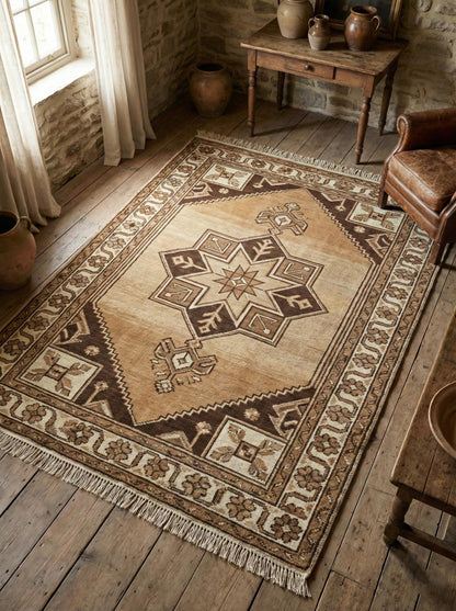 Hand knotted tribal wool rug with geometric medallion in beige and brown tones