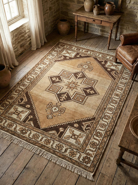 Hand knotted tribal wool rug with geometric medallion in beige and brown tones