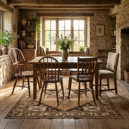 Geometric tribal wool rug with central star medallion and traditional border motifs