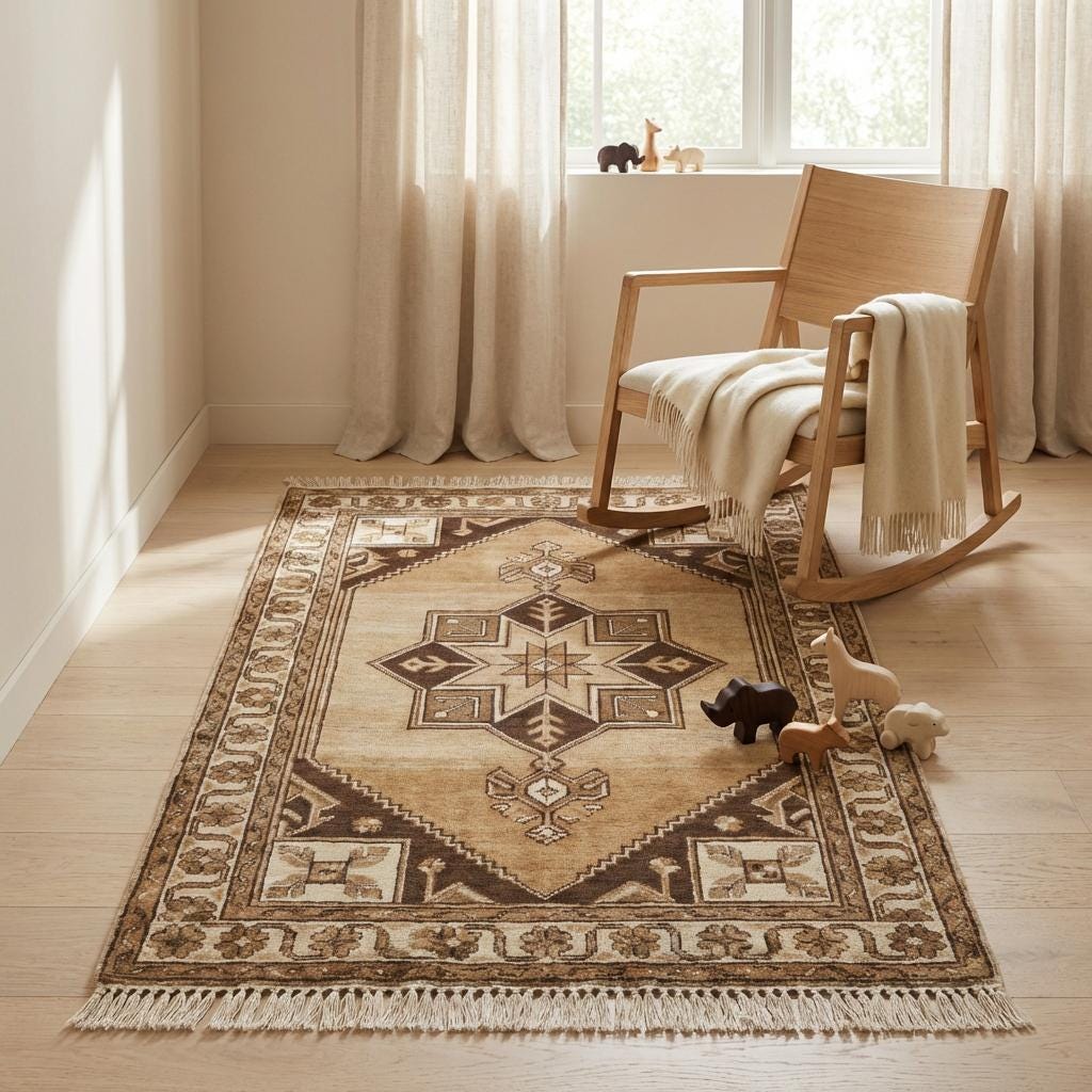 Beige and brown handmade wool rug with tribal patterns and artisan craftsmanship