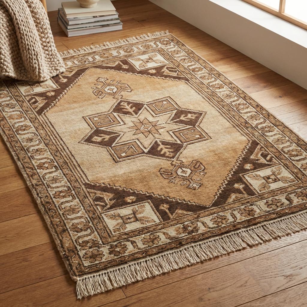 Authentic hand knotted wool carpet featuring ethnic tribal design and warm earth tones