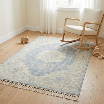 Hand Knotted Vintage Persian Style Blue Medallion Wool Area Rug