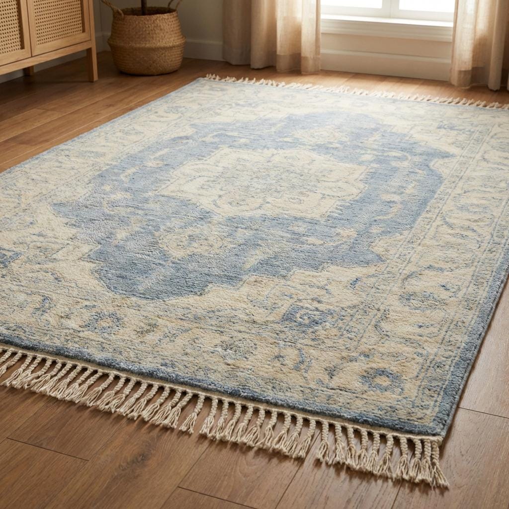 Hand Knotted Vintage Persian Style Blue Medallion Wool Area Rug
