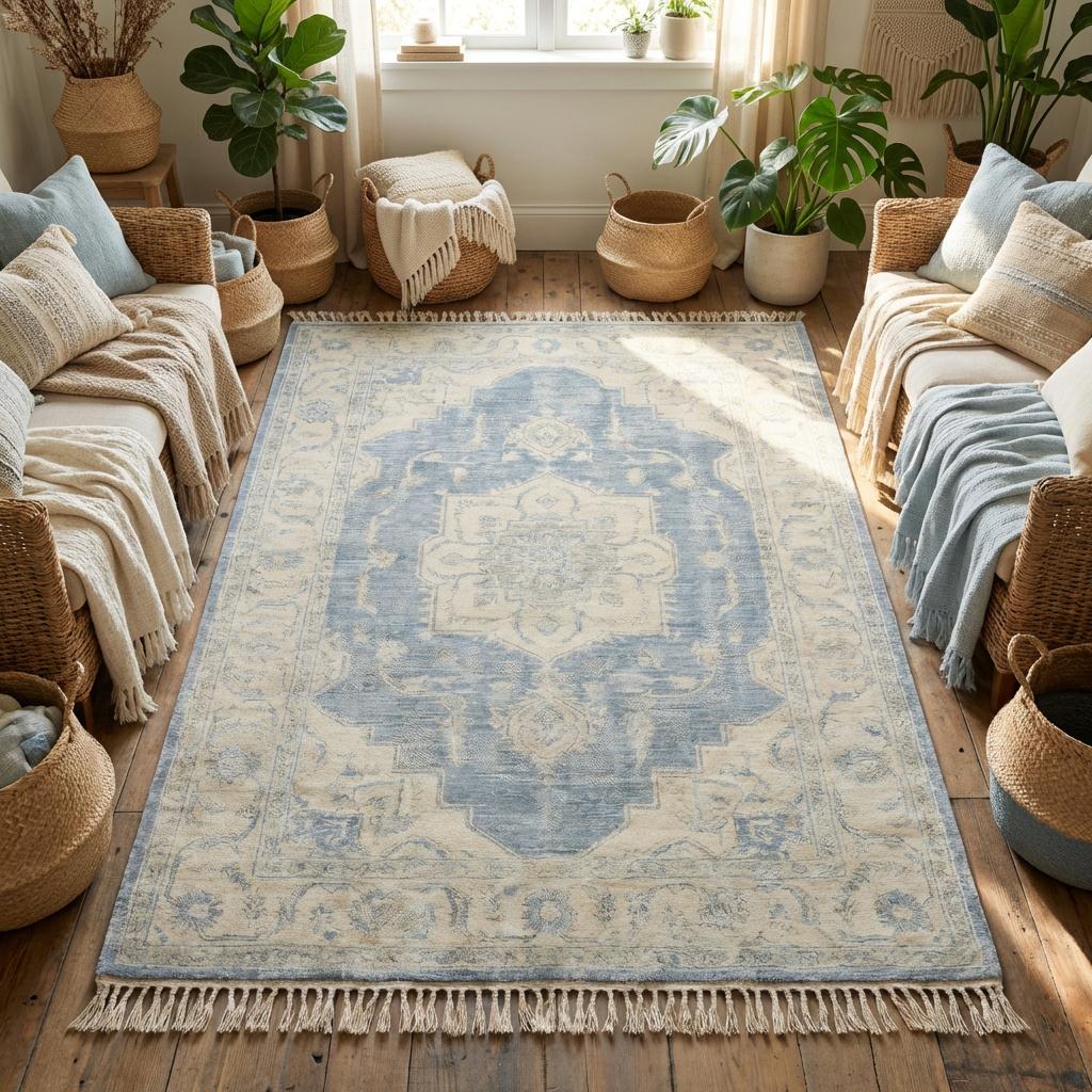 Soft faded Persian inspired wool rug adding calm neutral elegance to modern interior space