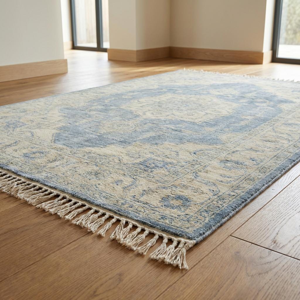 Artisan handmade wool area rug with floral border and muted vintage blue tones