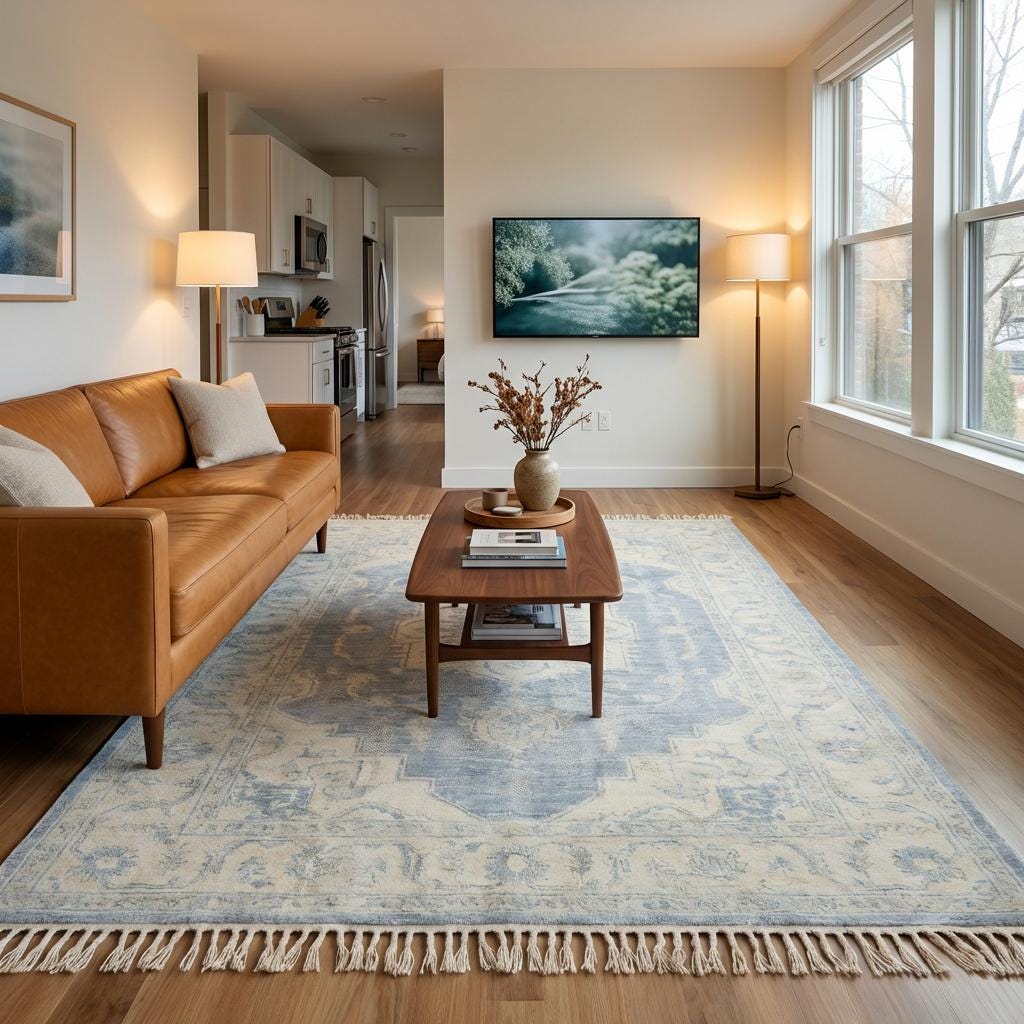 Large hand knotted living room rug creating warm timeless focal point in airy home décor