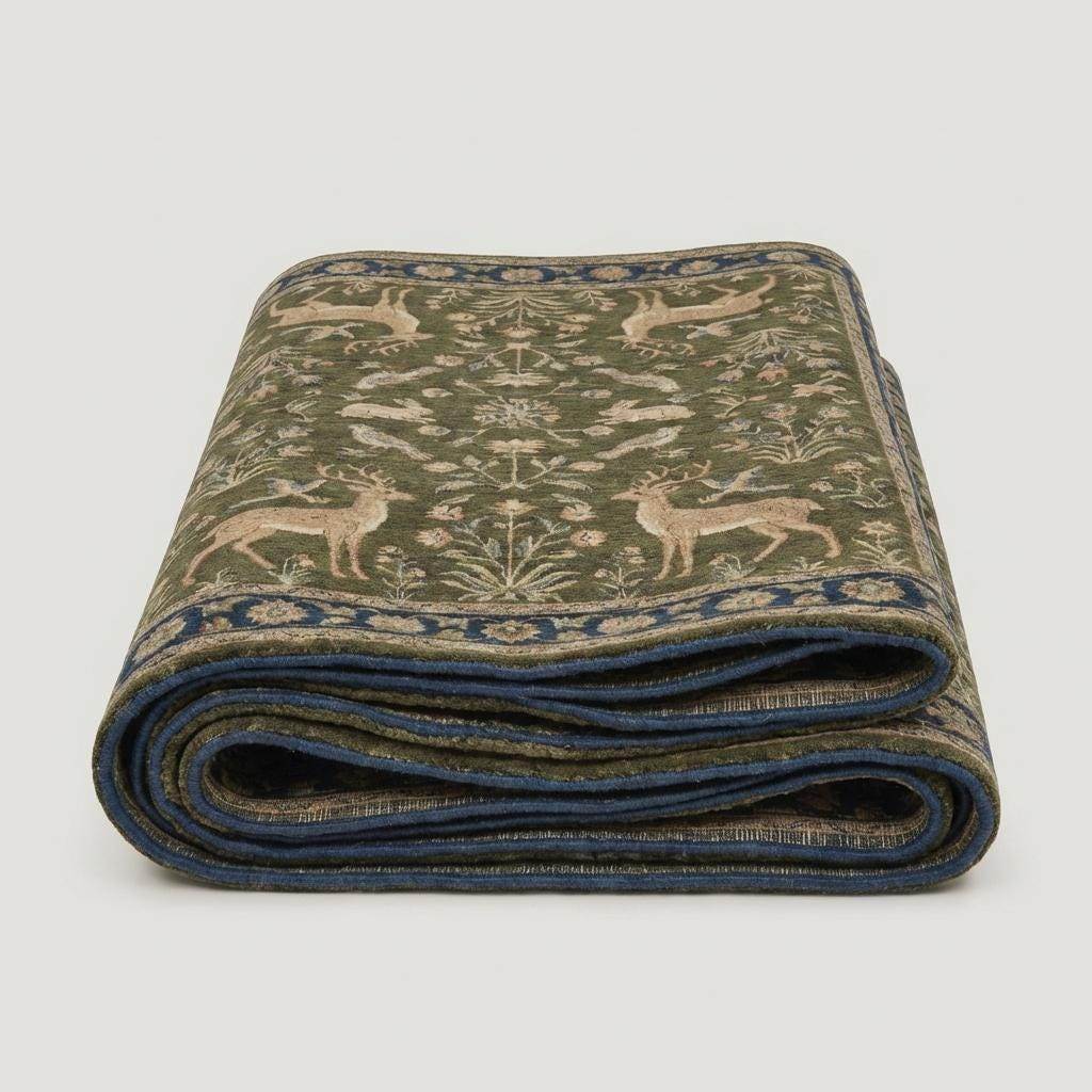 Hand Knotted Wool Indo-Persian Style Animal Rug, Green Floral Deer Area Rug, Traditional Living Room Carpet, Handmade Nature Motif Rug __etsy:7733086489