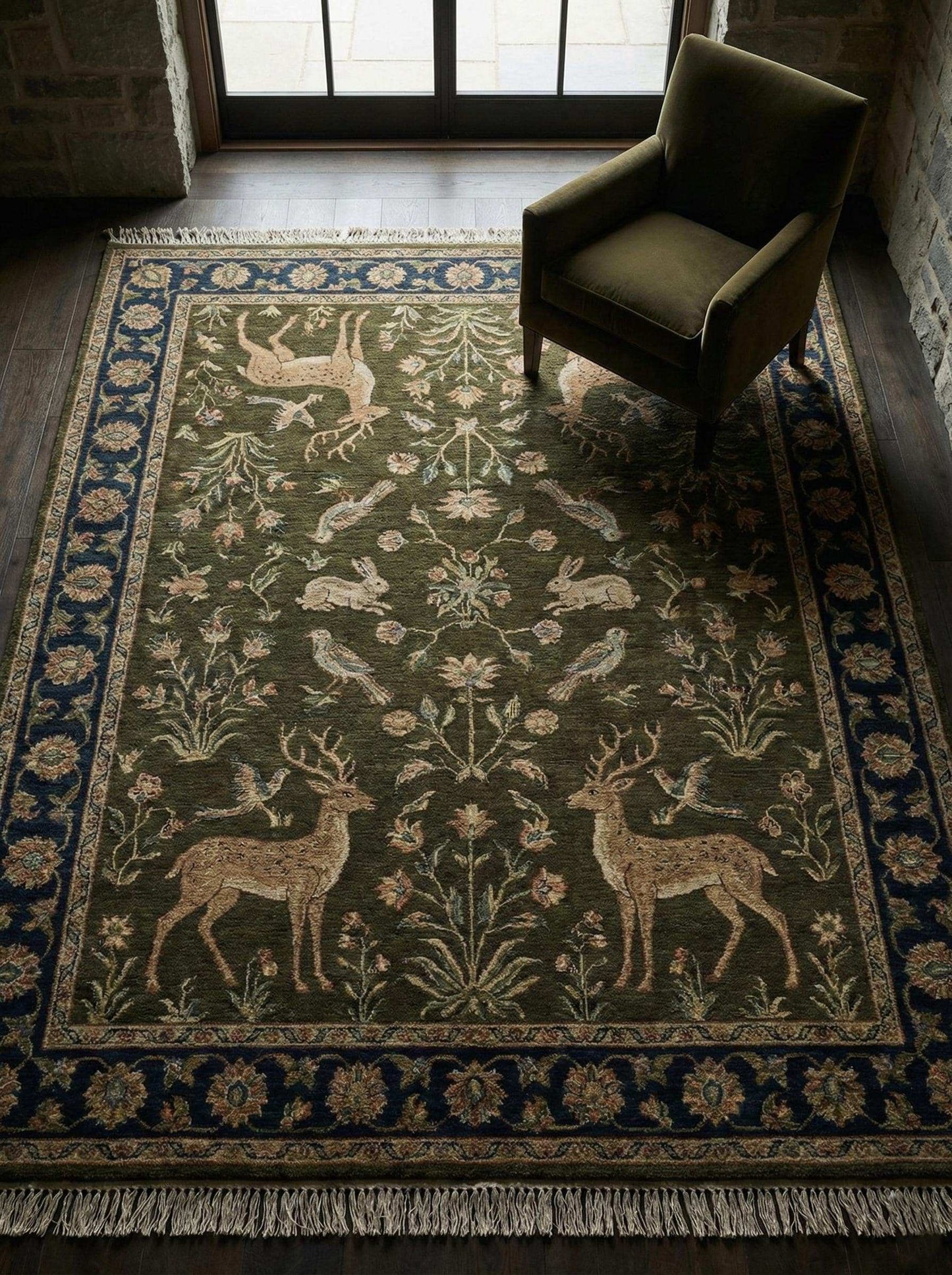 Hand knotted wool Persian style animal area rug with deer, birds, and floral motifs on deep green field and navy border in living room setting. __etsy:7733085915