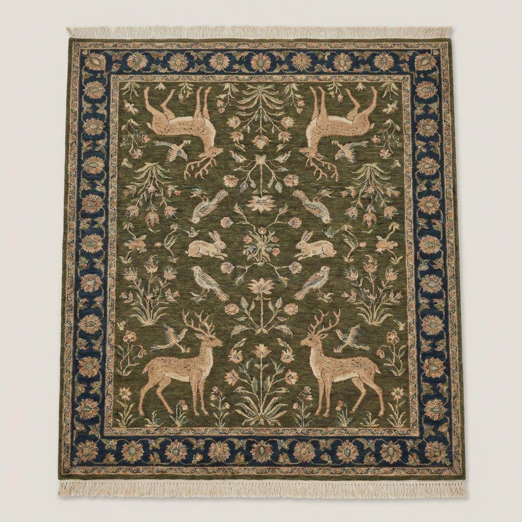 Traditional handmade wool rug featuring symmetrical deer and botanical garden pattern suitable for classic living room décor. __etsy:7685142370