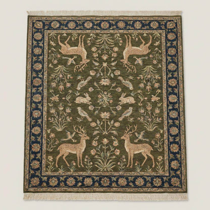 Traditional handmade wool rug featuring symmetrical deer and botanical garden pattern suitable for classic living room décor. __etsy:7685142370