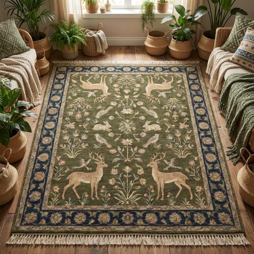Green Persian inspired hand knotted area rug placed beneath accent chair near window with natural light highlighting texture. __etsy:7733086497