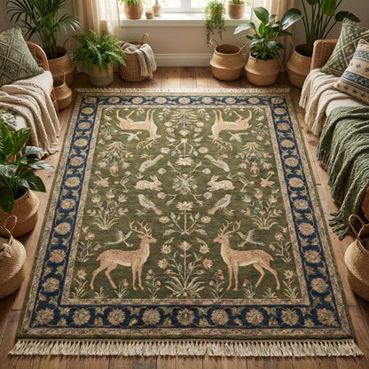 Green Persian inspired hand knotted area rug placed beneath accent chair near window with natural light highlighting texture. __etsy:7733086497