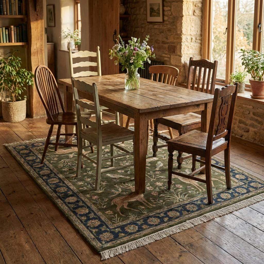 Hand Knotted Wool Indo-Persian Style Animal Rug, Green Floral Deer Area Rug, Traditional Living Room Carpet, Handmade Nature Motif Rug __etsy:7685142380