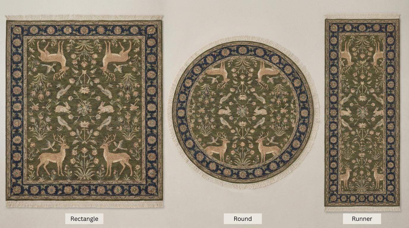 Hand Knotted Wool Indo-Persian Style Animal Rug, Green Floral Deer Area Rug, Traditional Living Room Carpet, Handmade Nature Motif Rug __etsy:7733087301