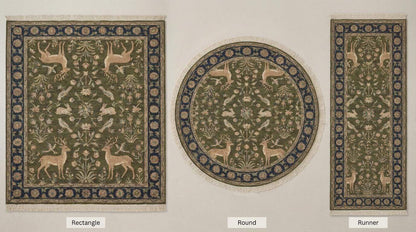 Hand Knotted Wool Indo-Persian Style Animal Rug, Green Floral Deer Area Rug, Traditional Living Room Carpet, Handmade Nature Motif Rug __etsy:7733087301