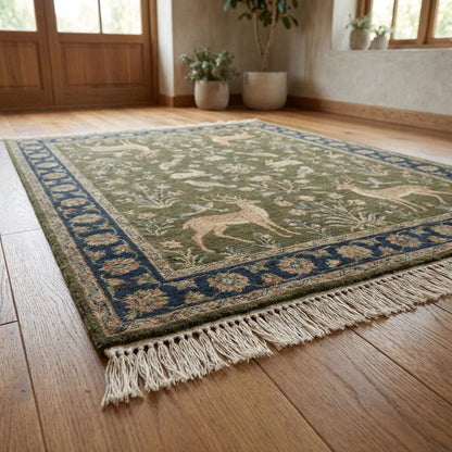 Close-up of dense hand-knotted wool pile showing individual knot structure, natural fiber texture, and detailed floral weaving in green and beige tones. __etsy:7685142350
