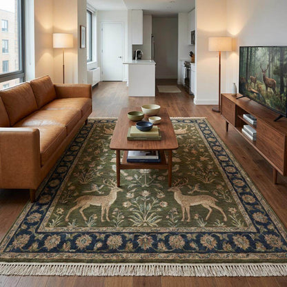 Hand Knotted Wool Indo-Persian Style Animal Rug, Green Floral Deer Area Rug, Traditional Living Room Carpet, Handmade Nature Motif Rug __etsy:7733086481