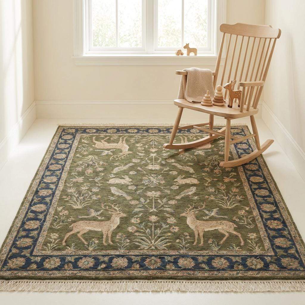 Nature themed wool carpet with bird and flower motifs framed by navy floral border and hand-finished fringe edges. __etsy:7733086499