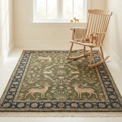 Nature themed wool carpet with bird and flower motifs framed by navy floral border and hand-finished fringe edges. __etsy:7733086499