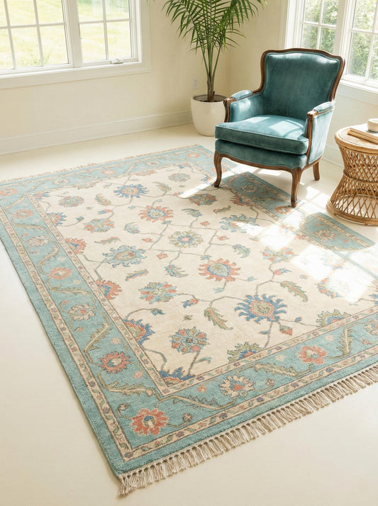 Hand knotted wool Oushak rug with blue floral Persian design and cream teal tones for elegant living room decor
