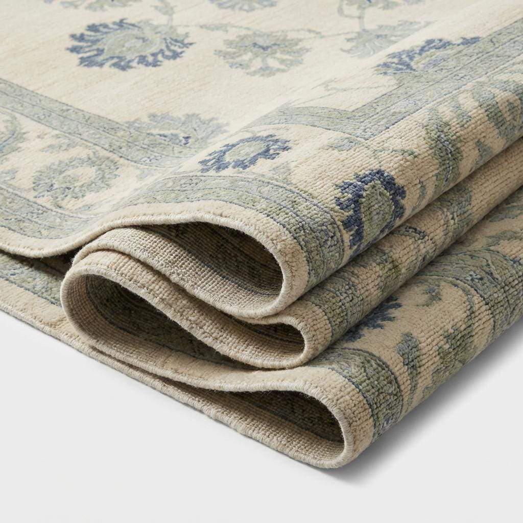 Hand Knotted Wool Oushak Rug, Muted Blue Floral Carpet