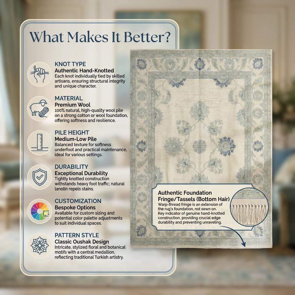 Hand Knotted Wool Oushak Rug, Muted Blue Floral Carpet