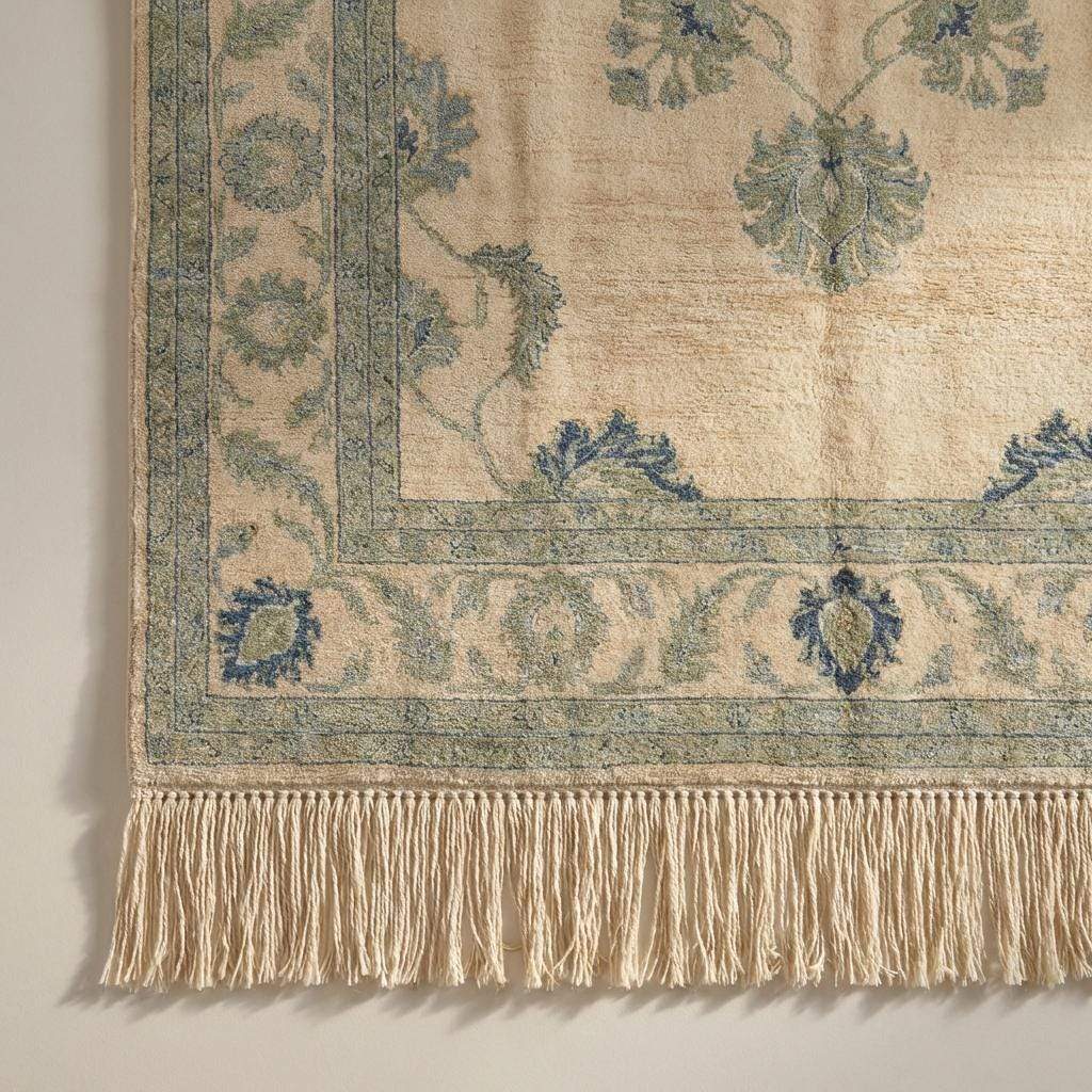 Close up detail showing the dense wool pile and individual knot structure of the artisan handmade rug construction.