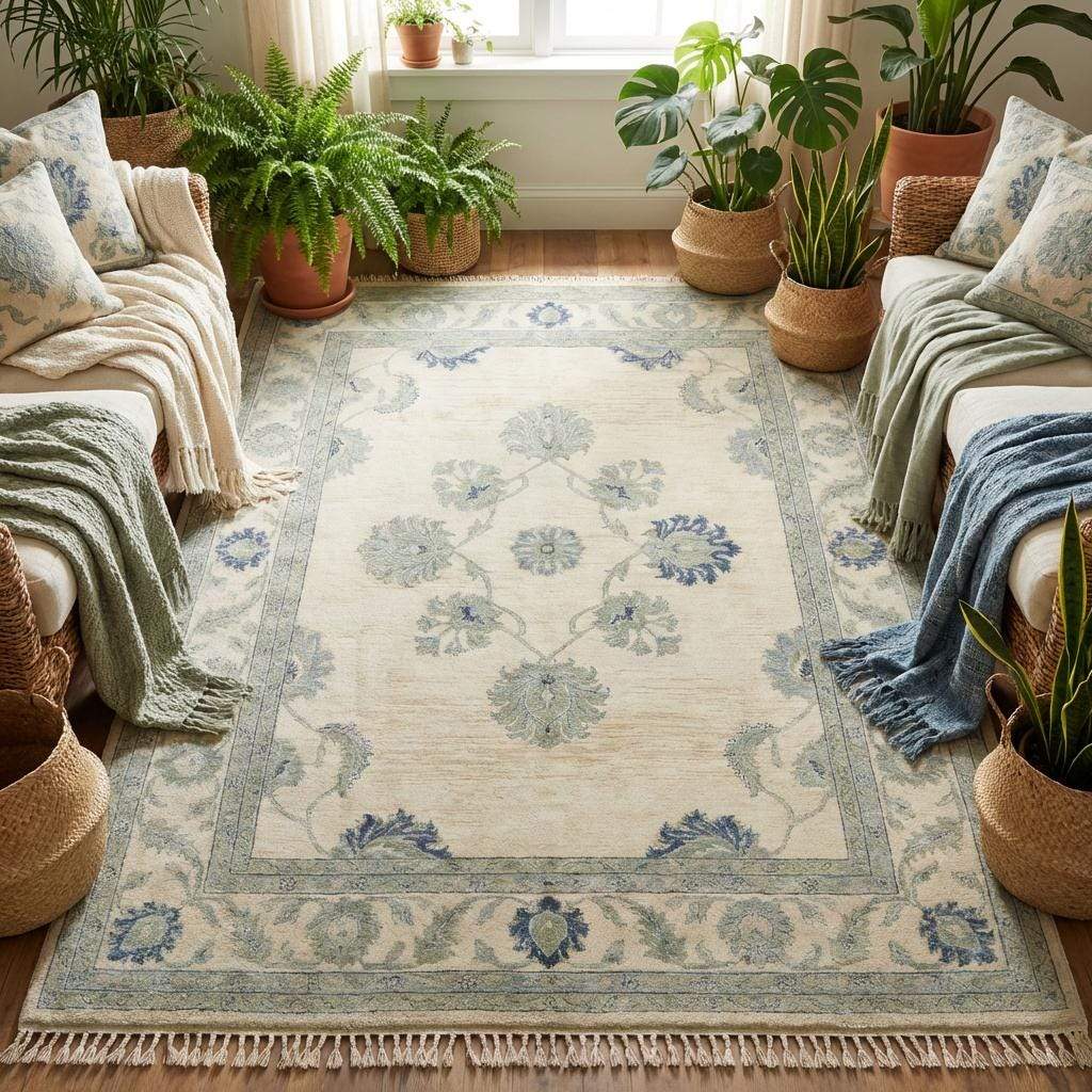 Authentic hand-knotted oriental rug showing the intricate botanical design and soft color variations of natural wool.