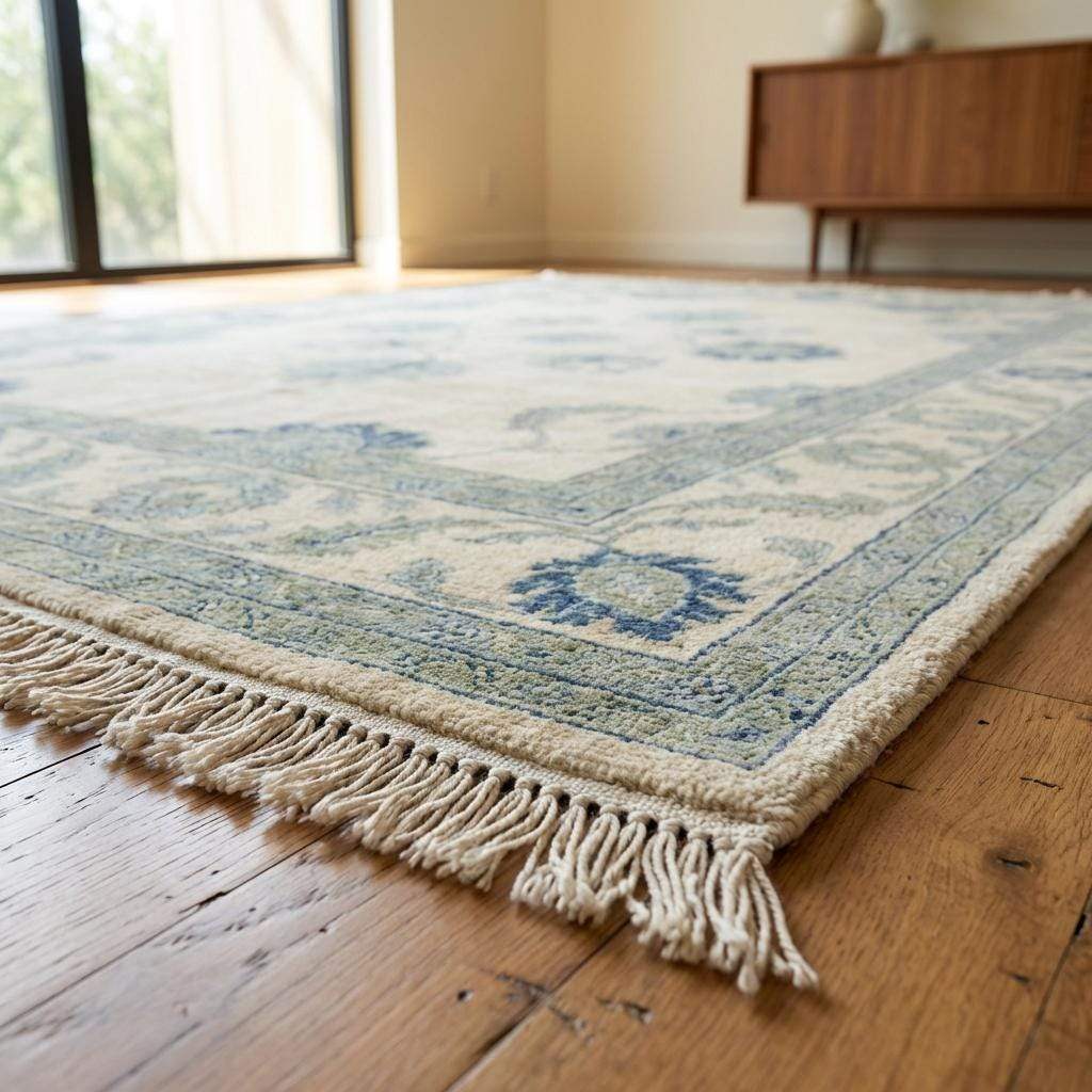 Hand Knotted Wool Oushak Rug, Muted Blue Floral Carpet