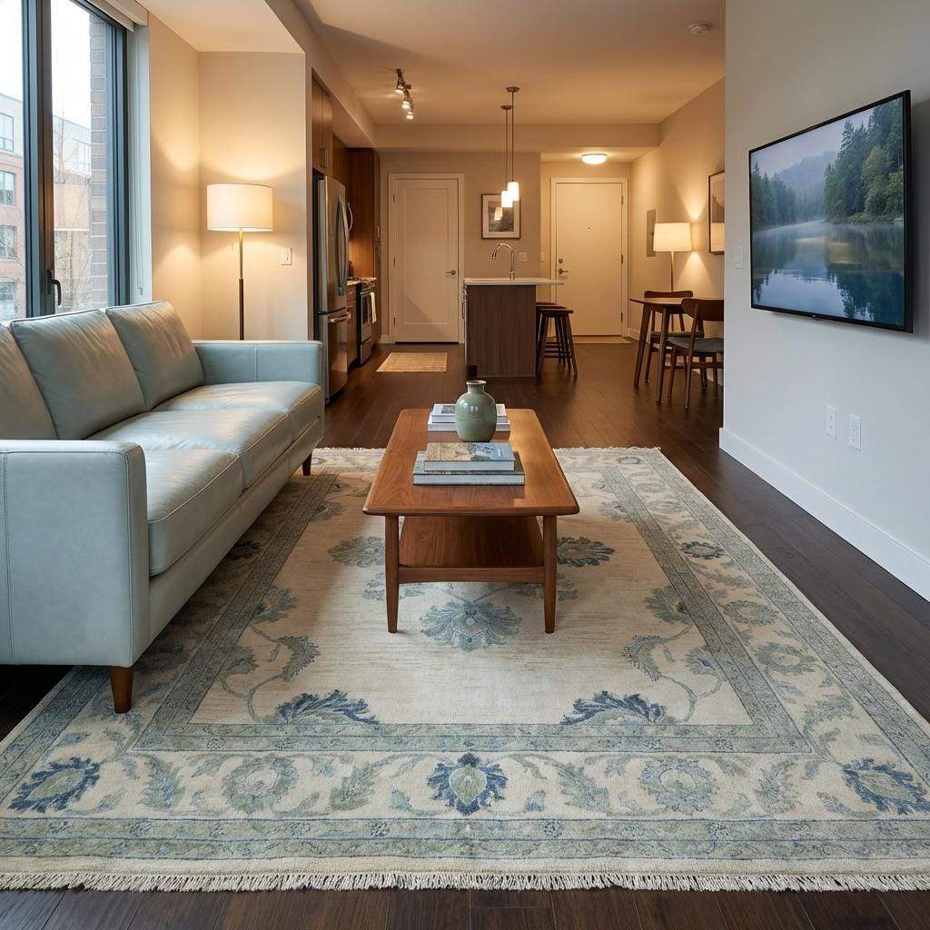A muted color hand-knotted wool rug shown in a bright, contemporary living room setting.