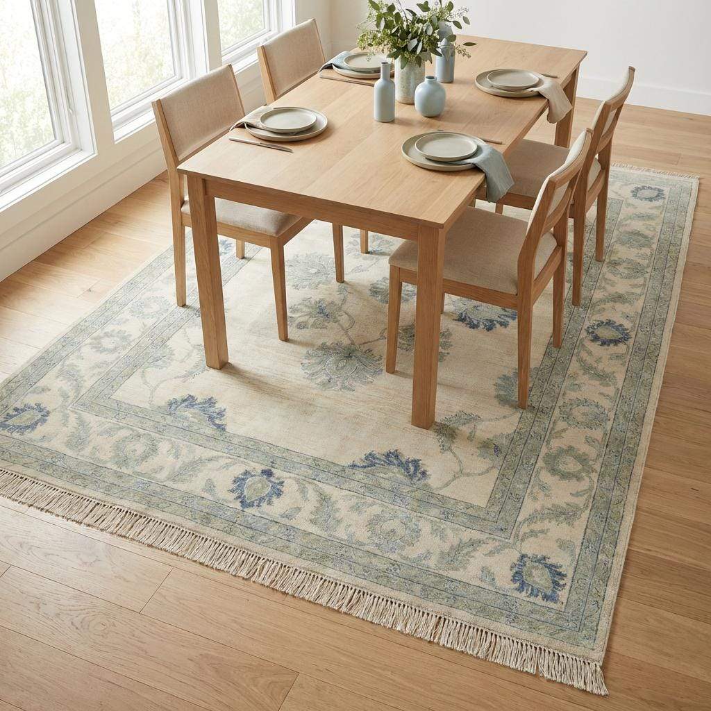 Hand Knotted Wool Oushak Rug, Muted Blue Floral Carpet