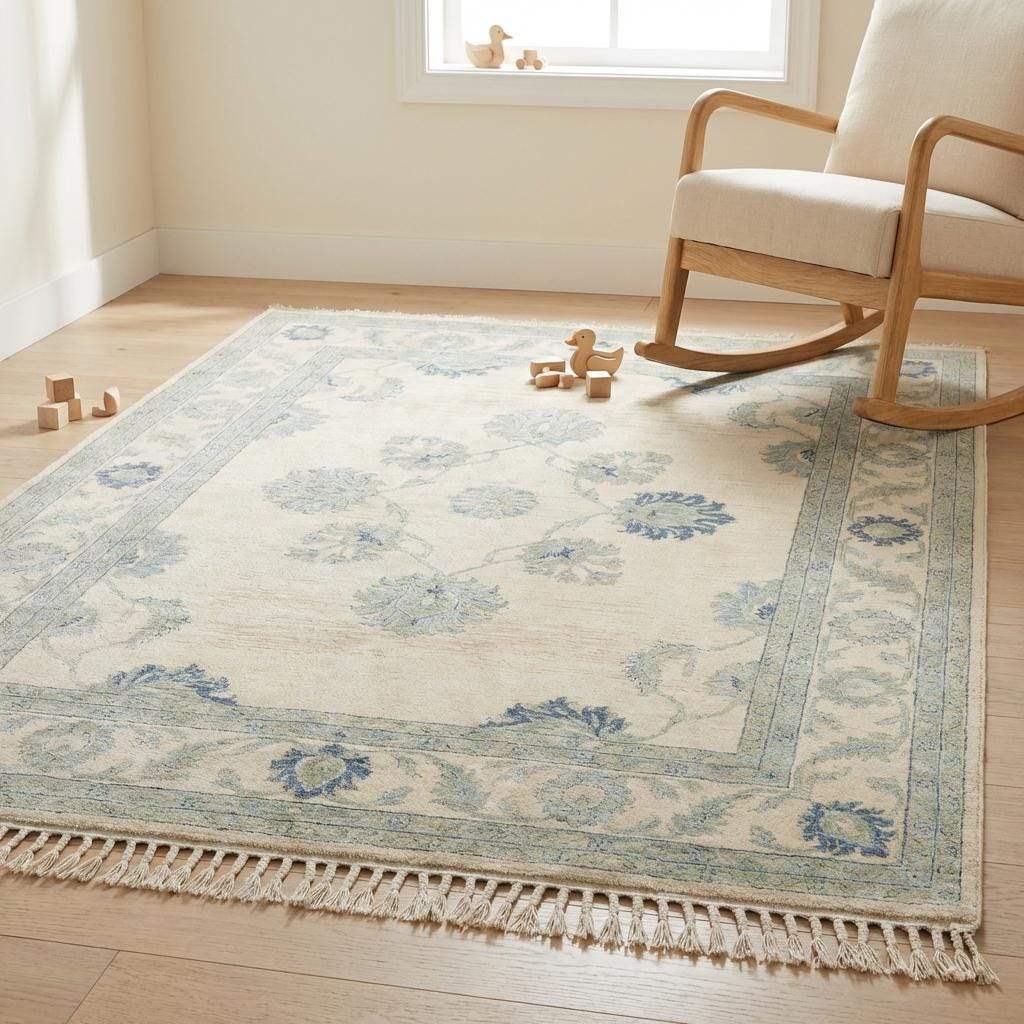 Overhead view of the vintage style wool carpet anchoring a seating area, demonstrating scale and layout.