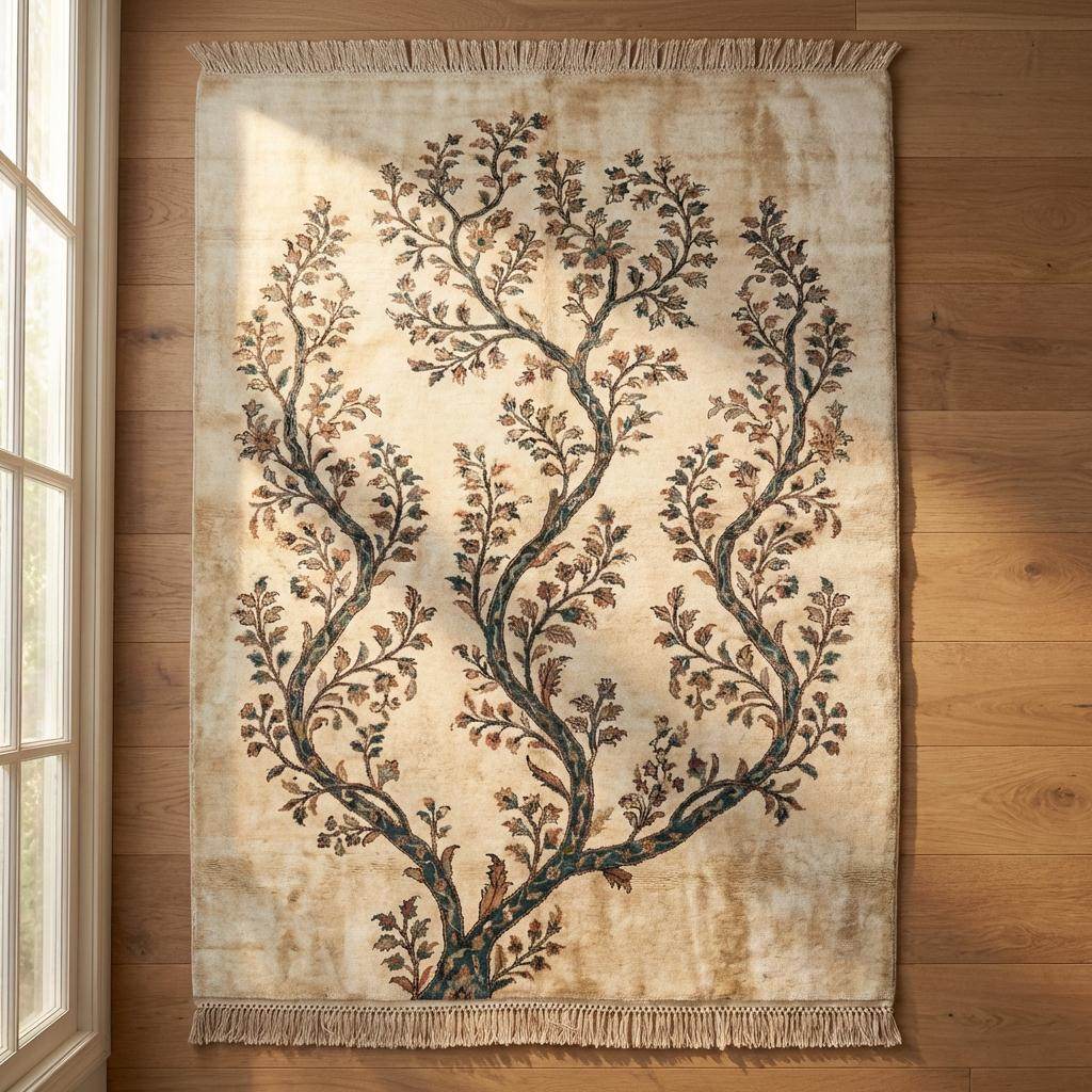 Hand Knotted Wool Rug, Ivory Teal Tree of Life, Botanical Decor