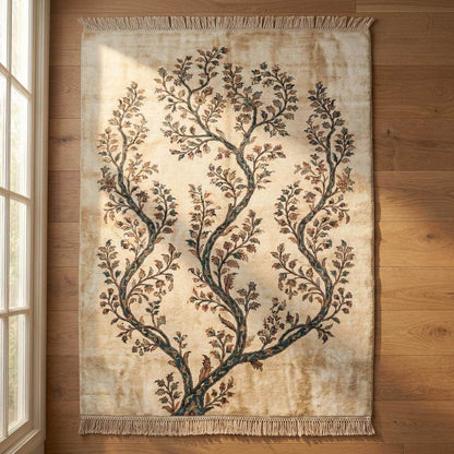 Hand Knotted Wool Rug, Ivory Teal Tree of Life, Botanical Decor
