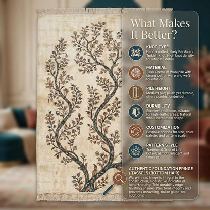 Hand Knotted Wool Rug, Ivory Teal Tree of Life, Botanical Decor