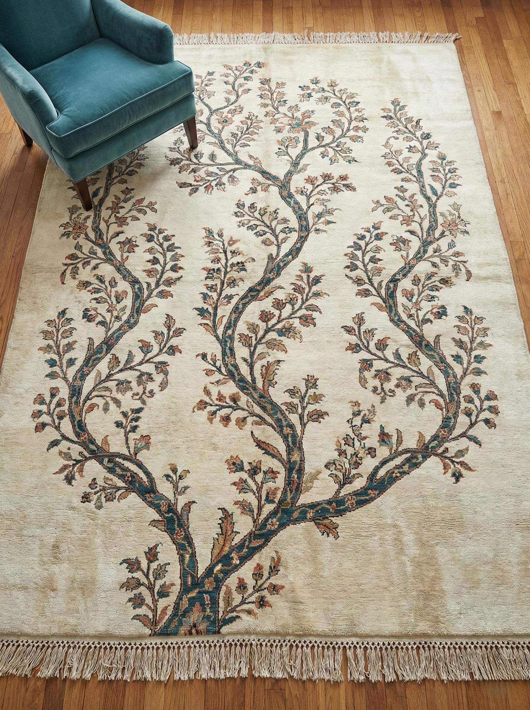 Hand knotted wool rug with ivory base and teal botanical Tree of Life design for durable, artisan home decor
